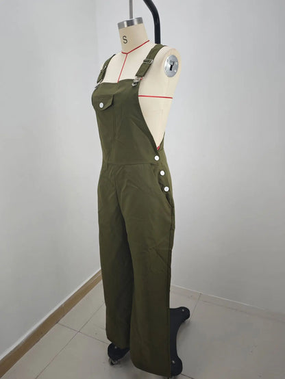 Early Autumn One-Piece Suit 2026 European And American Style Vacation Beach Retro Pocket Solid Color Workwear Strap Suit Thin Mo