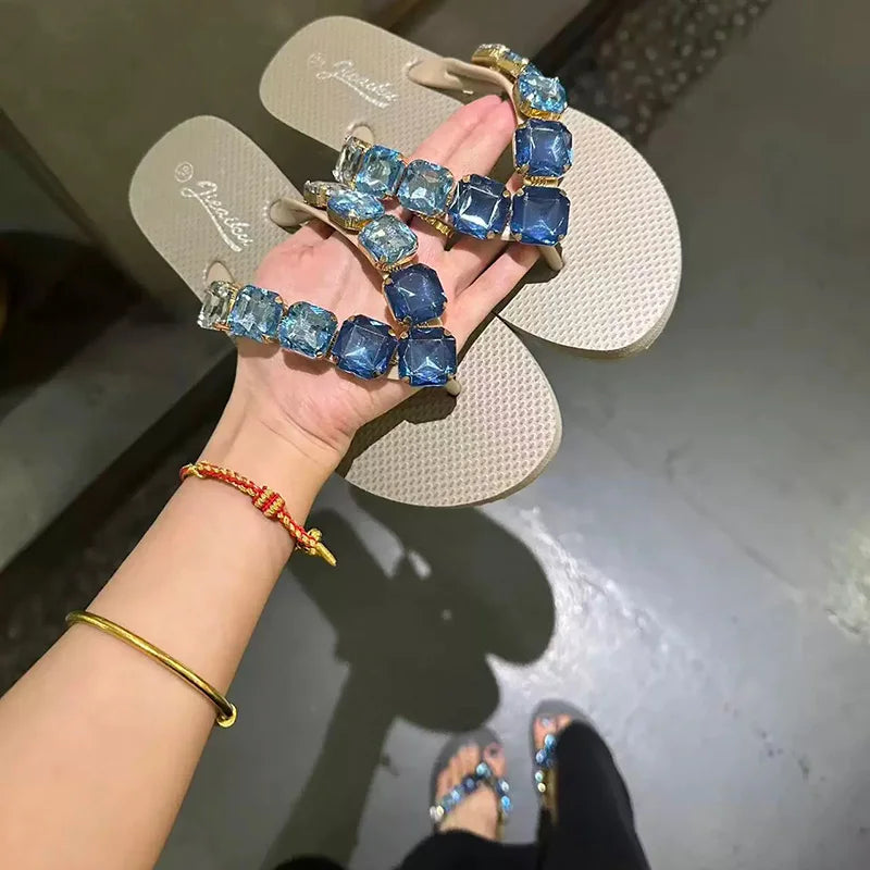 Square Rhinestone Flip-Flops Popular in Ins Summer Blingbling Star Street Shooting Slope Heel Slippers Women Flat Beach Slippers