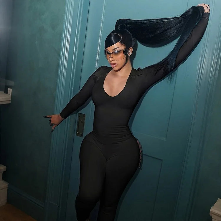 Sexy Party Club Night Out Outfits Woman Jumpsuits and Rompers Long Sleeve Open Back Lace-up Hollow Out Bandage Bodycon Overalls