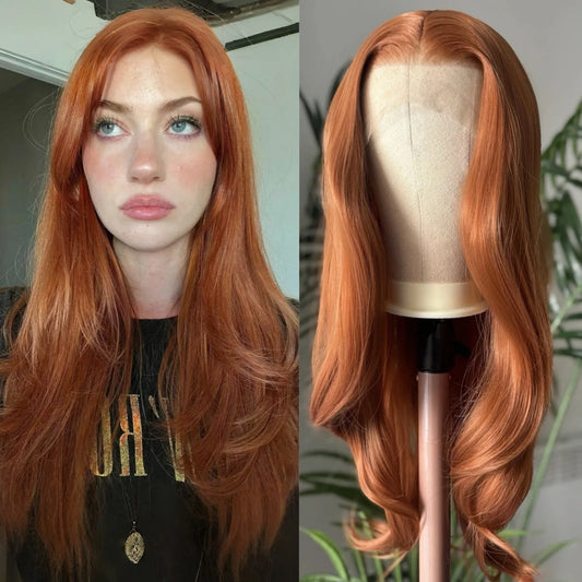 Long Wavy Layered Auburn Synthetic Hair Copper Red 13X4 Lace Front Wigs for Women Ginger Orange Body Wave Daily Party Cosplay