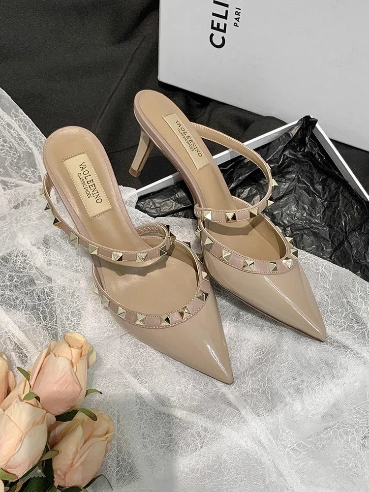 Heeled Sandals Summer Luxury Brand Rivets Women Slippers Fashion Leather Slingbacks Heels Slippers Designer Party Prom Shoes