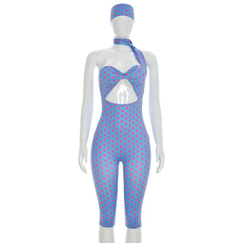 FAGADOER Vintage Fashion Polka Dot Print Bodycon Jumpsuits Woman Halter Deep V-neck Backless Rompers Female Streetwear Overalls