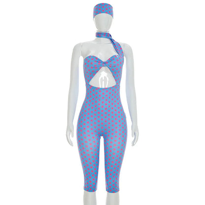 FAGADOER Vintage Fashion Polka Dot Print Bodycon Jumpsuits Woman Halter Deep V-neck Backless Rompers Female Streetwear Overalls