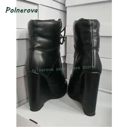 Cross Tied Wedge Mid-Calf Boots Pointed Toe Height Increase Patchwork Plus Size 36-47 Women Ankle Boots 2025 Casual Shoes Trend