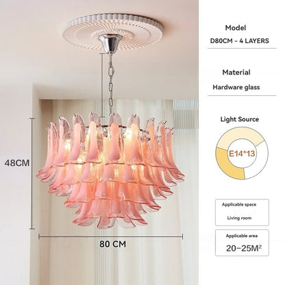 French Murano Petal Glass Chandelier Dining Table Living Room Antique Style Pink Petal Glass Pendant Chandelier Lights Bedroom