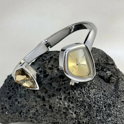 Stylish Irregular Dial Big Diamond Open Cuff Gold Watch for Woman