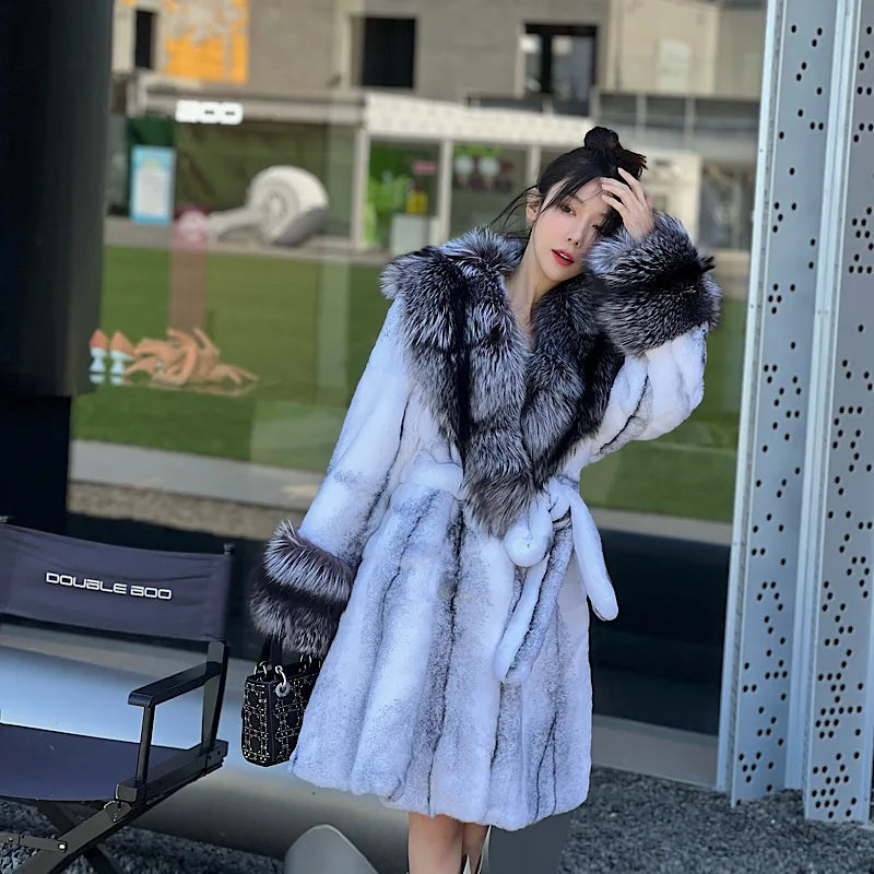 Winter Women Real Rabbit Fur Coat Long Natural Rabbit Fur Jacket Fox Fur Collar and Cuff Thick Warm Ladies Overcoat