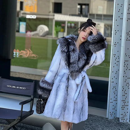 Winter Women Real Rabbit Fur Coat Long Natural Rabbit Fur Jacket Fox Fur Collar and Cuff Thick Warm Ladies Overcoat