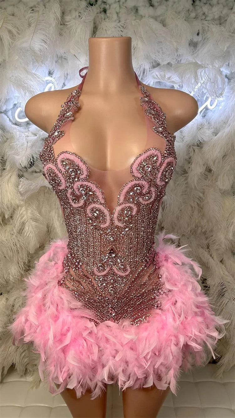 Glitter Pink Crystal Short Prom Dress For Black Girl Homecoming Senior Cocktail Dress Birthday Party Gown Feathers Customized