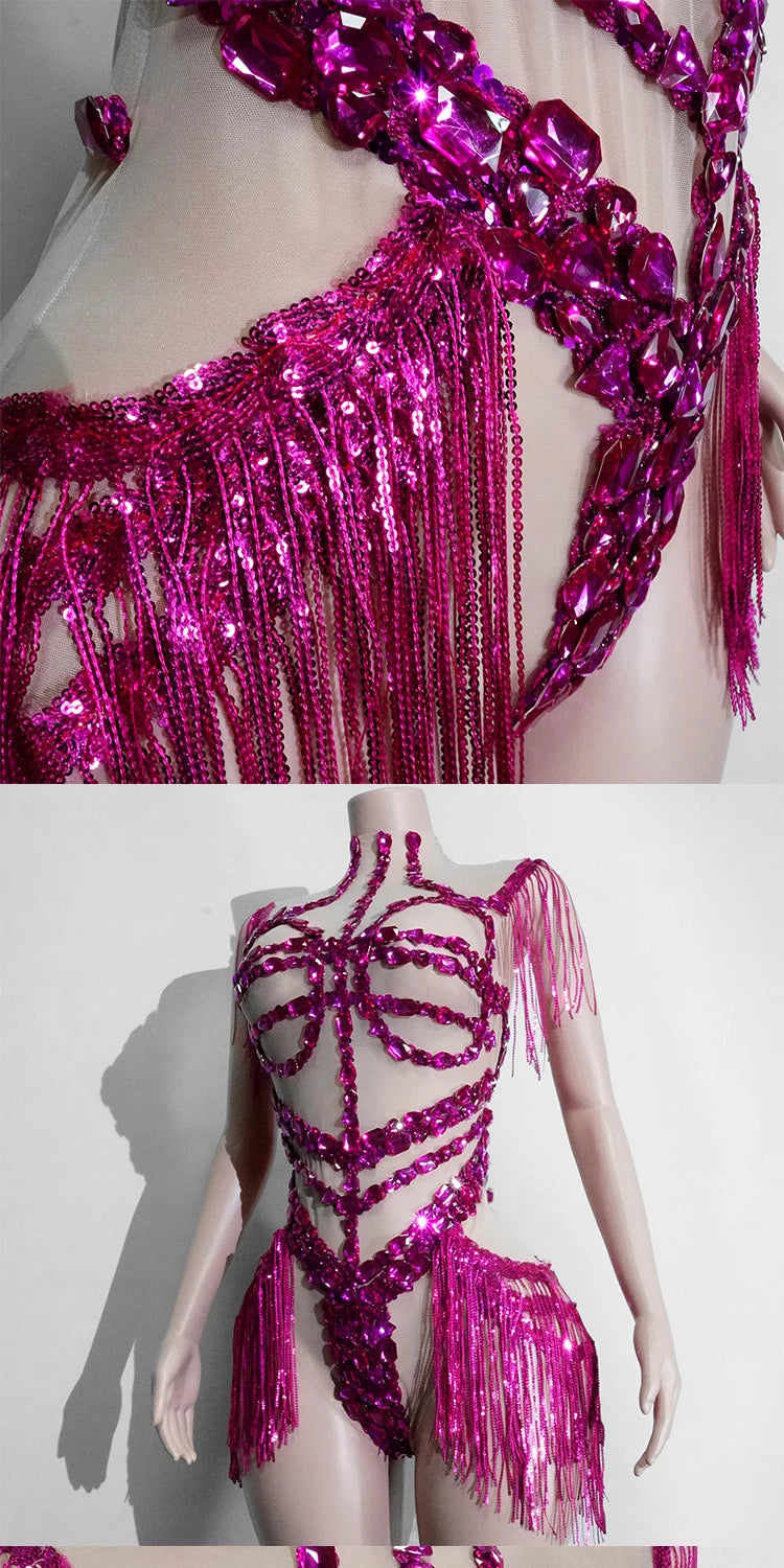 Sexy See-through Glitter Red Crystal Fringe Bodysuit High Elasticity Drag Queen Costume Festivals Outfit NightClub Dance Outfits