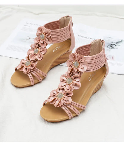 High quality leather flat sandals for women 5cm mid heel flower summer 2026 36 42 open toe vintage beach shoe black pink beige