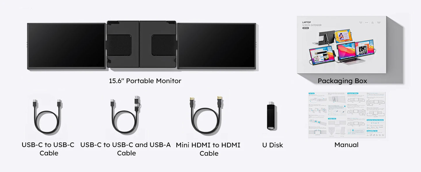 15.6 inch Triple Screen Extender for Laptop Mini PC 1080 FHD IPS External Extension Portable Dual Monitor For MAC Windows Chrome