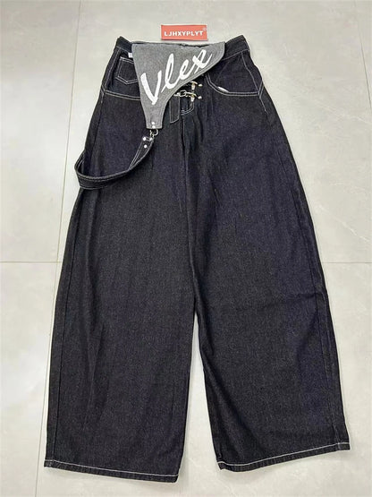 Women's Detachable Black Overalls Street Jumpsuits Straight Unisex Trousers Wide Leg Sweatpants High Waist Casual Baggy Pants