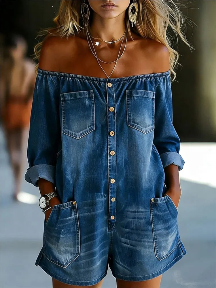 Summer Sexy Off-Shoulder Denim Jumpsuit Fashion Long Sleeve Button Rompers Casual Loose Vacation Women's Jumpsuit (With Pockets)