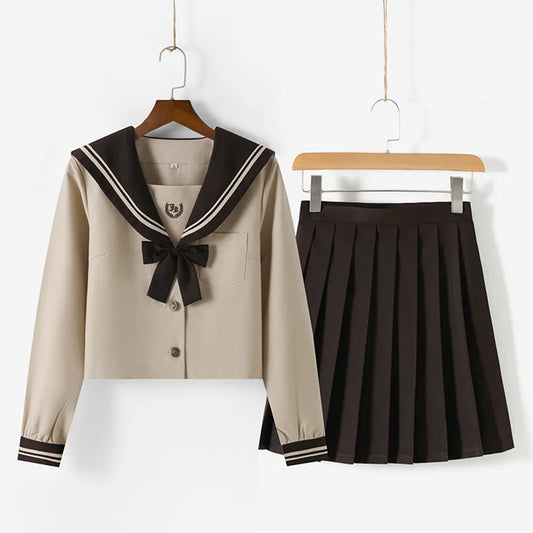 JK School Uniform Set Sailor Suit with Pleated Skirt Milk Tea Color Jk Outfit