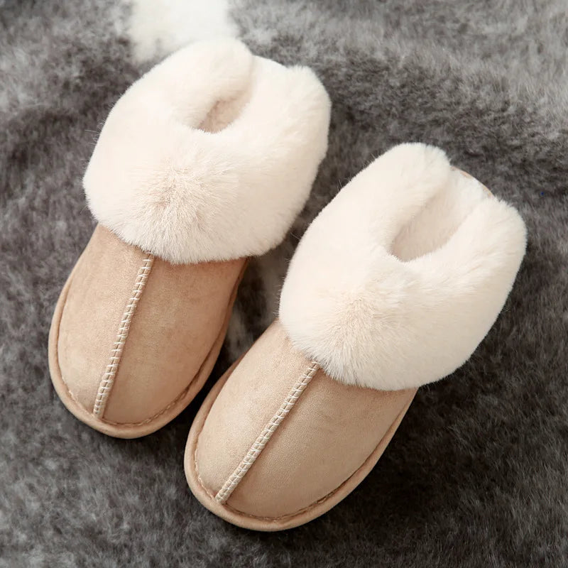 2025 Winter Warm Home Fur Slippers Women Luxury Faux Suede Plush Couple Cotton Shoes Indoor Bedroom Flat Heels Fluffy Slippers