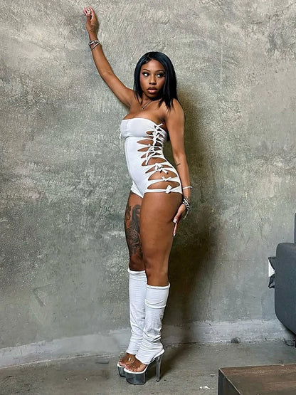Kliou Sexy Fashion 2 Piece Set Woman Wrap Chest Irregular Hollow Bandage Tassel Skinny Bodysuit+Solid Leg Sleeve Wild Style Suit