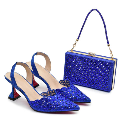 New Design Nigerian Women Shoes and Bag Set Decorated with Rhinestone in Italy African Party Luxury Heel Shoes Pumps with Heels