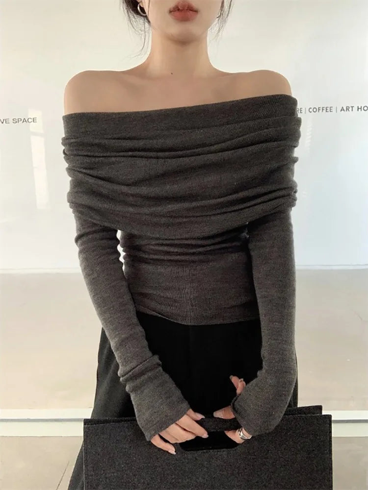 Long Sleeve Off Shoulder Knit Top Women Stretchy Ruched Strapless Pullover Bardot Sweater Spring Summer 2026 Elegant Fashion