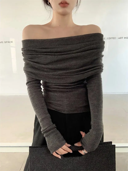 Long Sleeve Off Shoulder Knit Top Women Stretchy Ruched Strapless Pullover Bardot Sweater Spring Summer 2026 Elegant Fashion