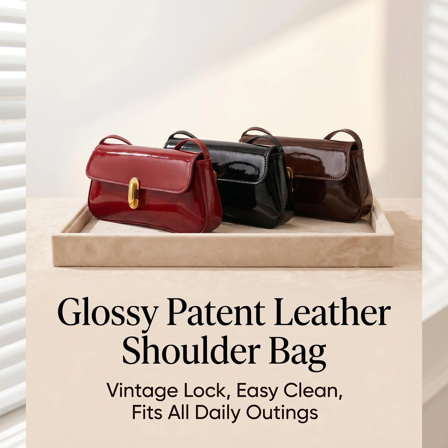Fashion ladies shiny crossbody bag stylish elegant shoulder bag wine red small underarm bag versatile solid color clutch bag