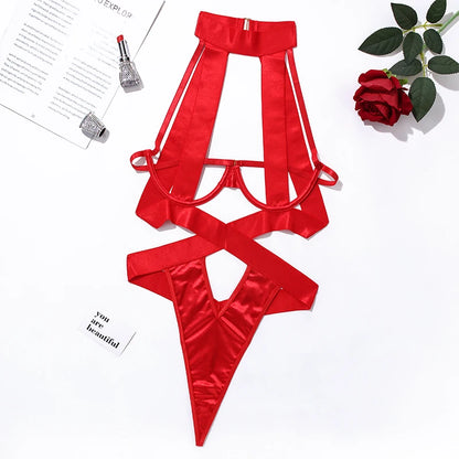 See Through Black Porn Bandage Hot Sensual Body Sexy Lingerie Bodysuit Women Halter Hollow Out Open Bra Thong Exotic Clothing