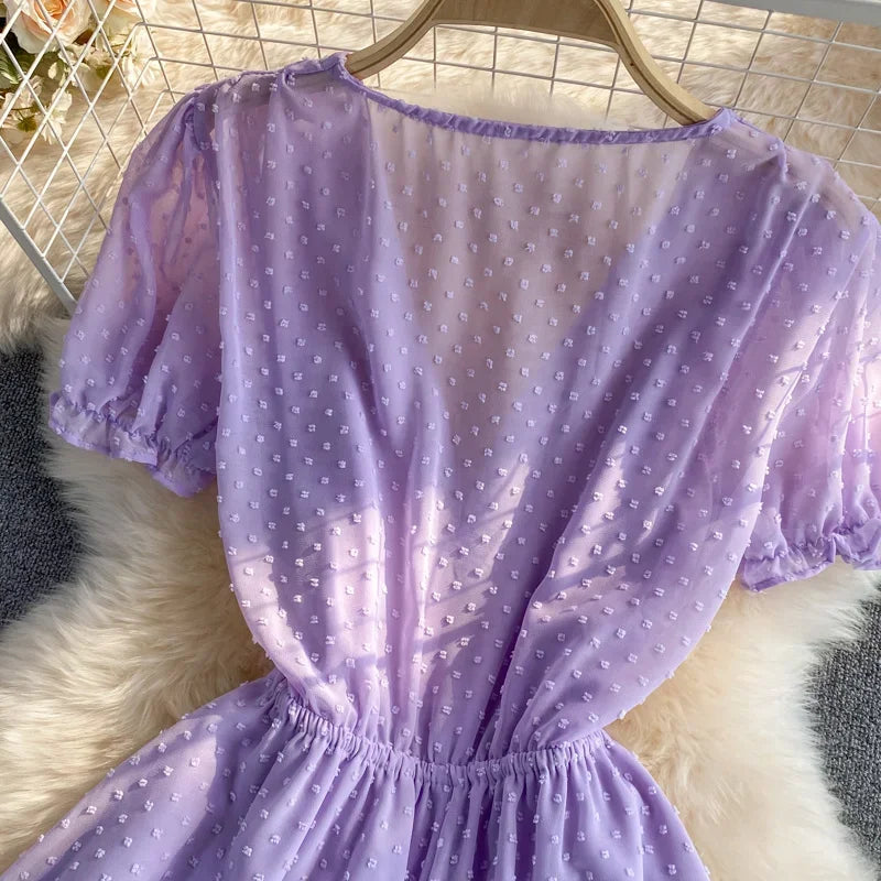 2025 Summer Women Playsuit Polka Dot See Through Thin Beach Rompers Sexy V-neck Short Sleeve Drawstring Sash Slim Waist Overalls