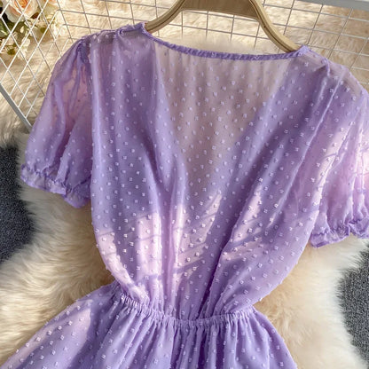 2025 Summer Women Playsuit Polka Dot See Through Thin Beach Rompers Sexy V-neck Short Sleeve Drawstring Sash Slim Waist Overalls