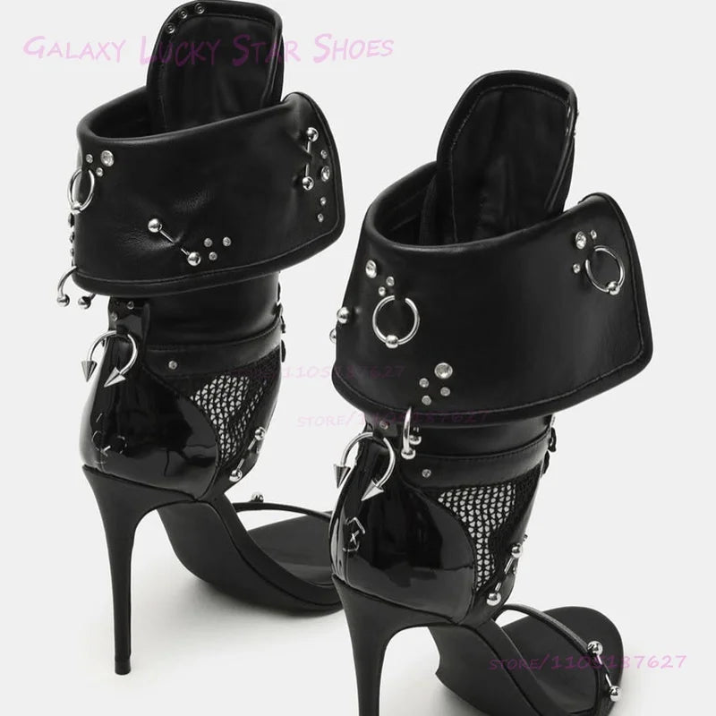 Black Metal Ring Rivet Button Sandals Dark Green Lace Up Stiletto Heels Women Round Toe Open Heels Ankle Strap Gold Summer Shoes