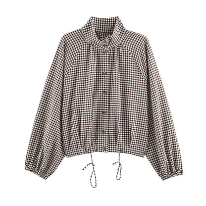 Plaid Short Trench Coat Women Lapel Collar Double Breasted Belted Waist Long Sleeve Loose Jacket 2026 Autumn Casual Chic Coats