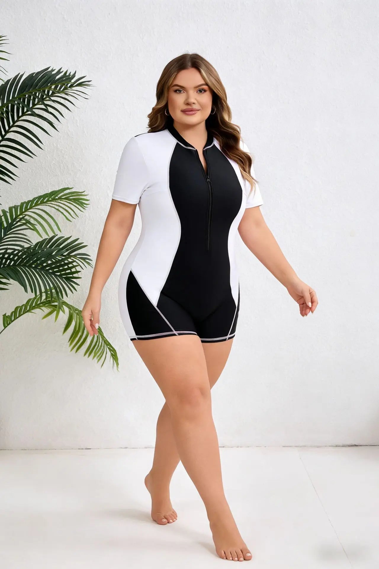 2026 Women Short Sleeve Plus Size Swimwear Print Patchwork Large One Piece Swimsuit Lady Zipper Chubby Beach Curvy Bathing Suit