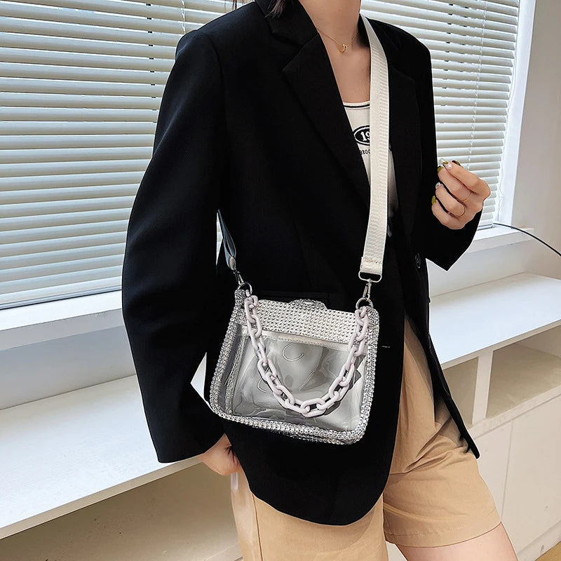 2026 NEW Transparent Shoulder Bag New Chain Handbag Fashionable Diamond Inlaid Jelly Bag PVC Women Crossbody Bag