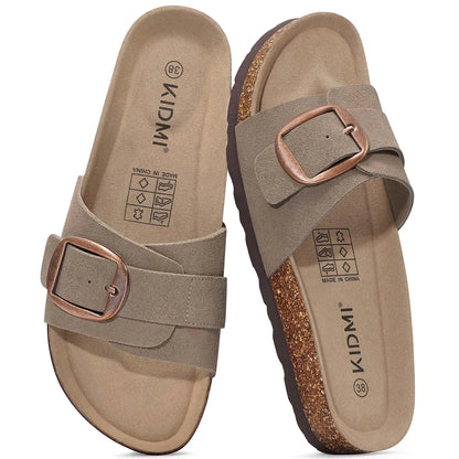 Bebealy Women's Suede Slippers With Arch Sypport Comfortable Cork Foobed Sandals Summer Beach Slides Lady Genuine Clogs Slippers