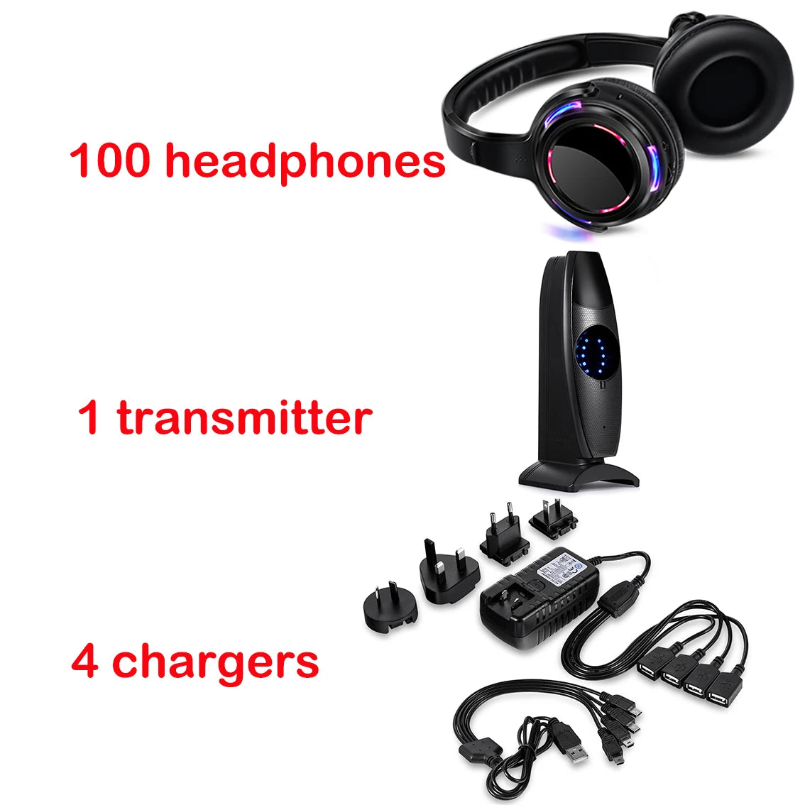 LED Transmitter Silent Disco Headphones for Quiet Events Parties Meetings Yoga - Adjustable Volume Wireless Music Headsets