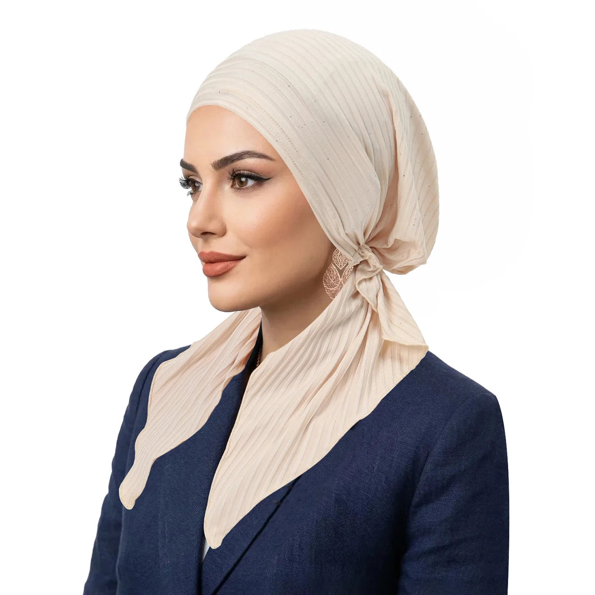 Fashion Stripes Muslim Hijab Turban Hats Long Tail Head Wraps Elastic Hijab Hats Breathable Chemo Cap For Women Girls