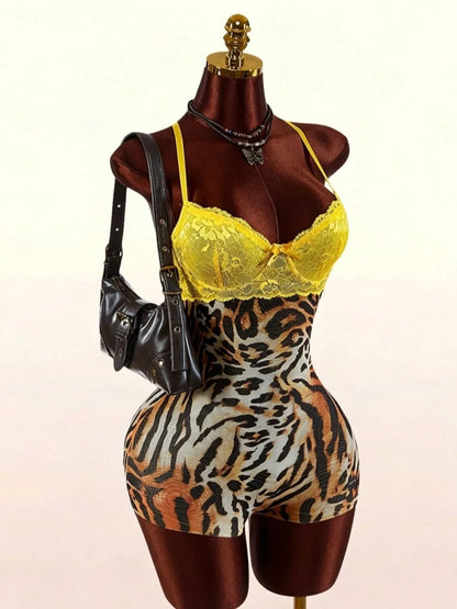 HLJ&GG Vintage Flowers Print Mesh Spaghetti Strap Bodycon One Piece Rompers Women V Neck Sleeveless Jumpsuits Fashion Overalls