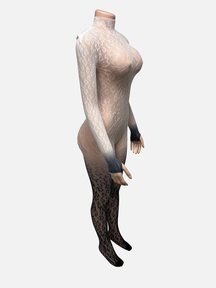 Joskaa Sexy Lace Backless Gradient Foot Jumpsuit Women Hipster O-Neck Full Sleeve Skinny Rompers Coquette Midnight Clubwear