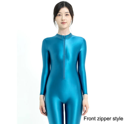 MJINM Sexy Shiny Bodysuit Tight-fitting Oil Smooth Back Zipper Overalls Yoga Zentai Suits Casual Sport Tights Catsuit Jumpsuits