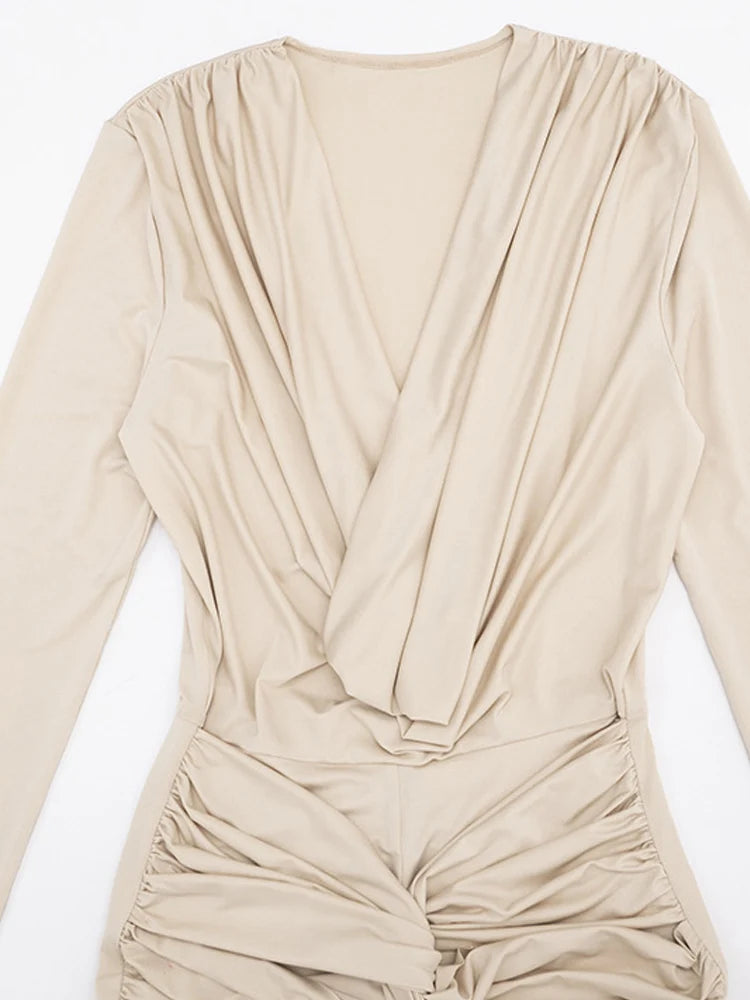 Beyprern Autumn Solid Long Sleeve Plunging Neck Rompers Women Elegant Drape Slim Flared Jumpsuits High Waist Bodysuits Overalls