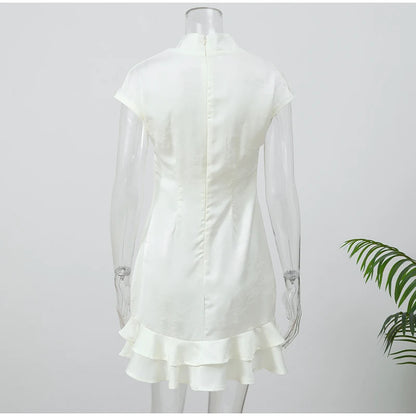 Elegant Satin Irregular Ruffle Hem Mini Dress Women Solid Stand Collar Short Sleeve Slim Dressess 2026 Lady Party Evening Gown