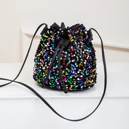 New Chic Multicolor Sequin Shing Shoulder Bag Fashion Versatile Handbag Drawstring Bucket Bag Large Capacity Wallet Purse Bags