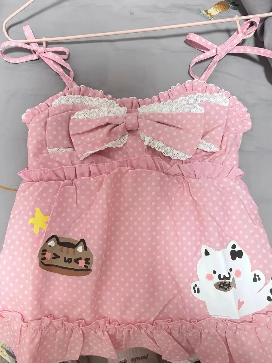 Kimotimo Cute Cat Print Polka Dot Camisole Vest Women Japanese Y2k Bow Ruffle Sleeveless Tank Top Summer Kawaii Ropa De Mujer