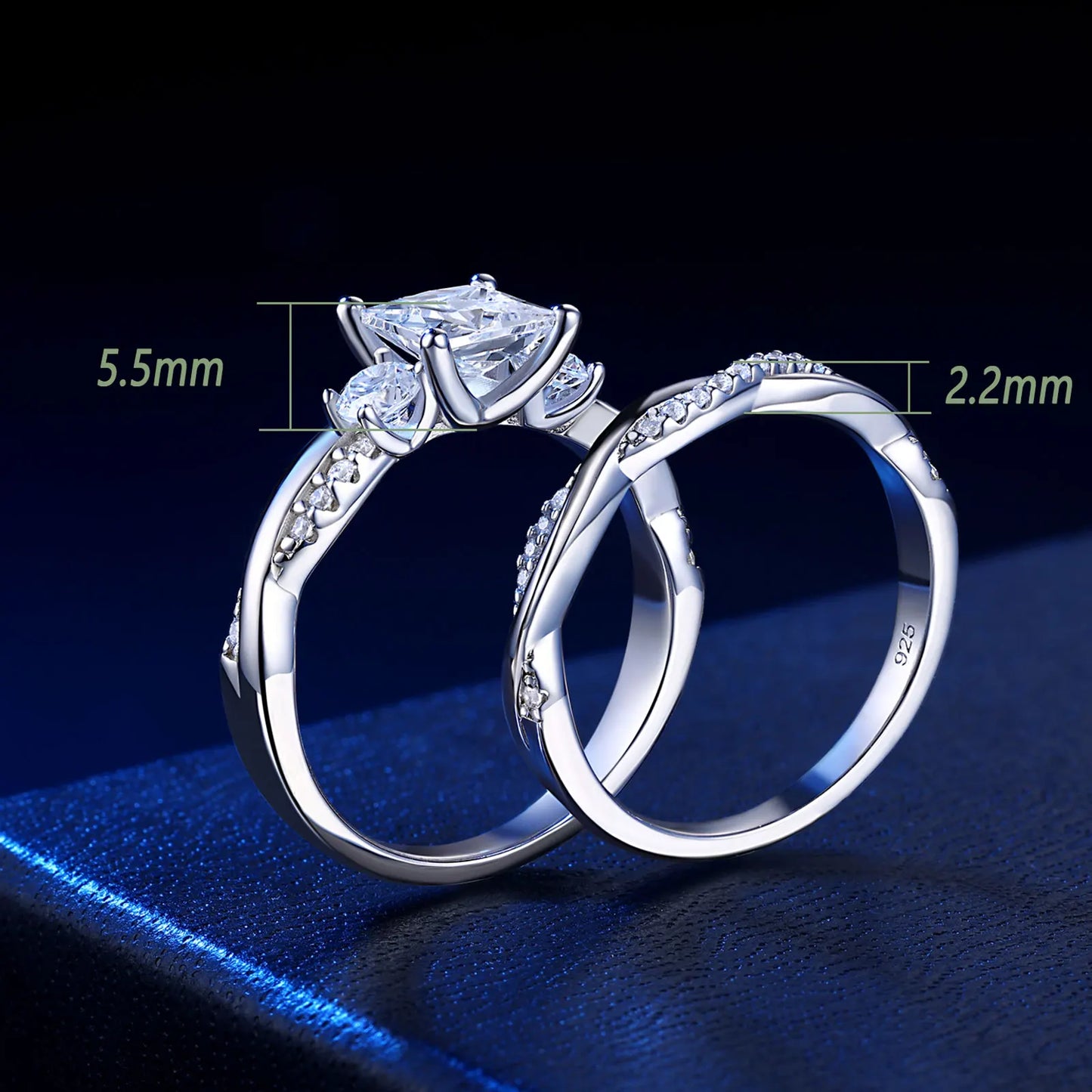 Newshe 925 Sterling Silver Moissanite/Zircons Princess Cut Eternity Engagement Rings Twist Wedding Band Bridal Sets