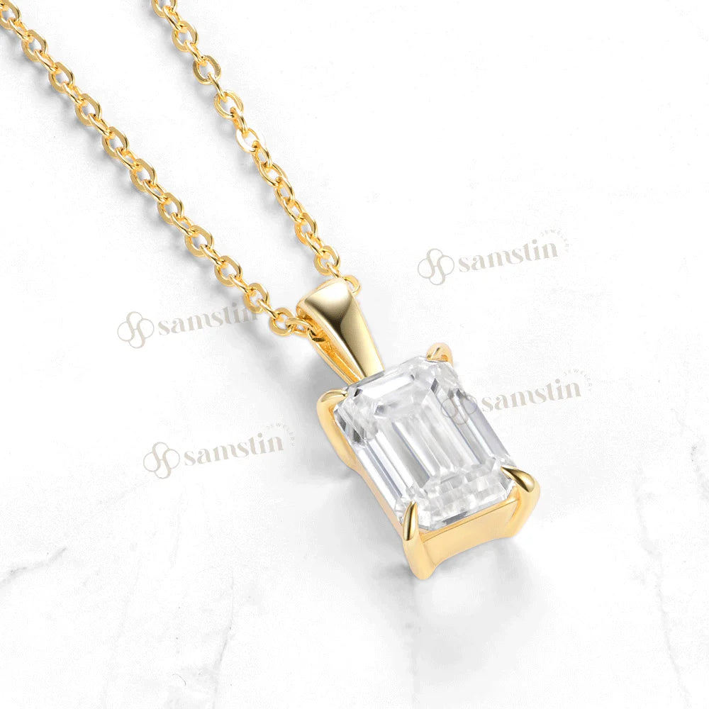 Samstin 2.5CT Emerald Cut Moissanite Necklace for Women Solid 14K 10K Yellow Gold Engagement Necklace for Anniversary Christmas
