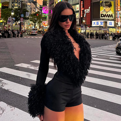 Ticketsx Sexy Tight Corsets Bodysuit For Women Faux Fur Deep V-neck Long Sleeve Slim New Lady Solid Rompers Streetwear Playsuits
