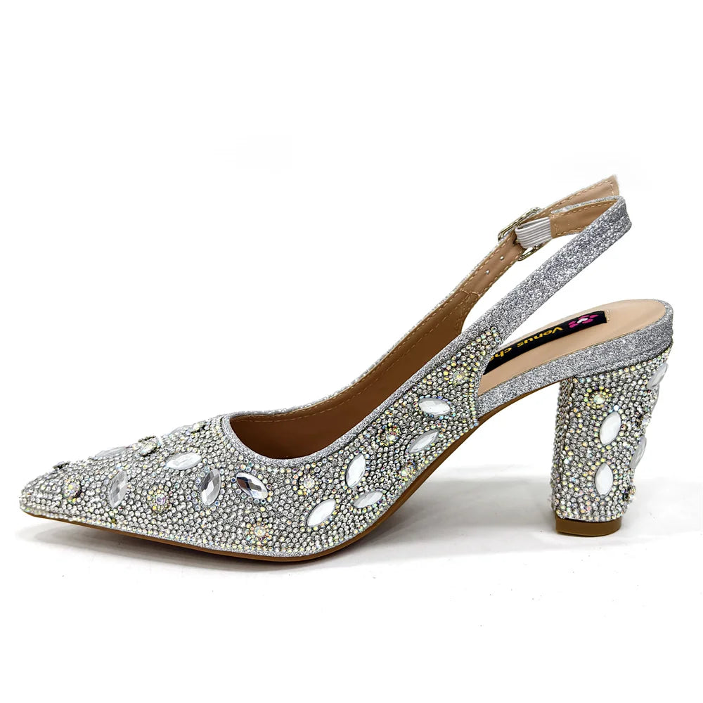 Elegant Women's Nigerian Fashion Pointed-Toe Party Shoe and Bag Set Rhinestone Luxurious Rhinestone Pumps for Special Occasions