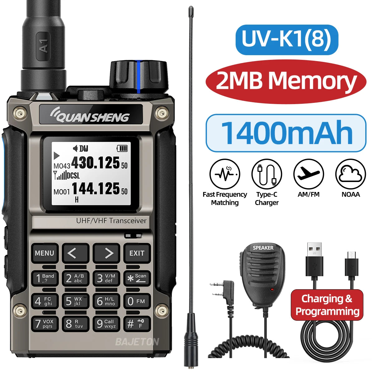 Quansheng UV-K1(8) Multi-Band Walkie Talkie 2MB Flash Wireless Copy Frequency Long Range Type-C Charger for Quansheng UVK5 K6