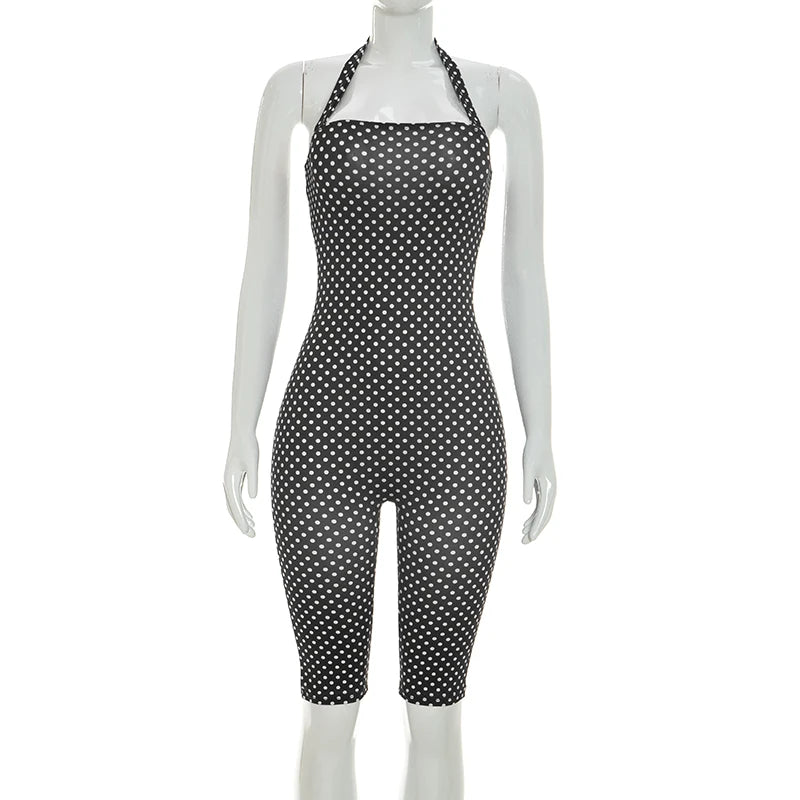 Fashionable polka dot sleeveless hanging neck slim fit jumpsuit, seven part jumpsuit