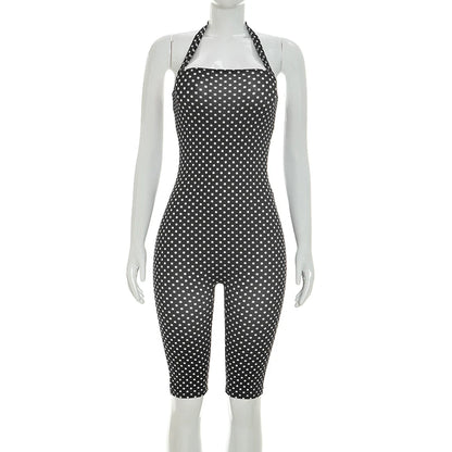 Fashionable polka dot sleeveless hanging neck slim fit jumpsuit, seven part jumpsuit