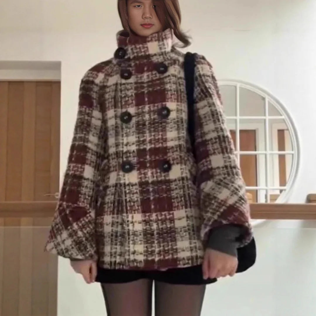 Winter Woole Coats Elegant Warm Plaid Stand Collar Pocket Coat Fashion Loose Coats Versatile Casual Female Jacket New Outerwear